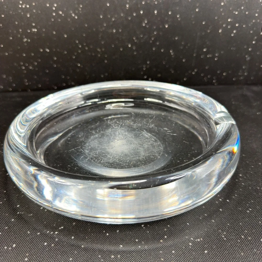 Vintage 1960s Sweden Art Glass Ashtray 8 Inch Heavy Clear Crystal MCM Round